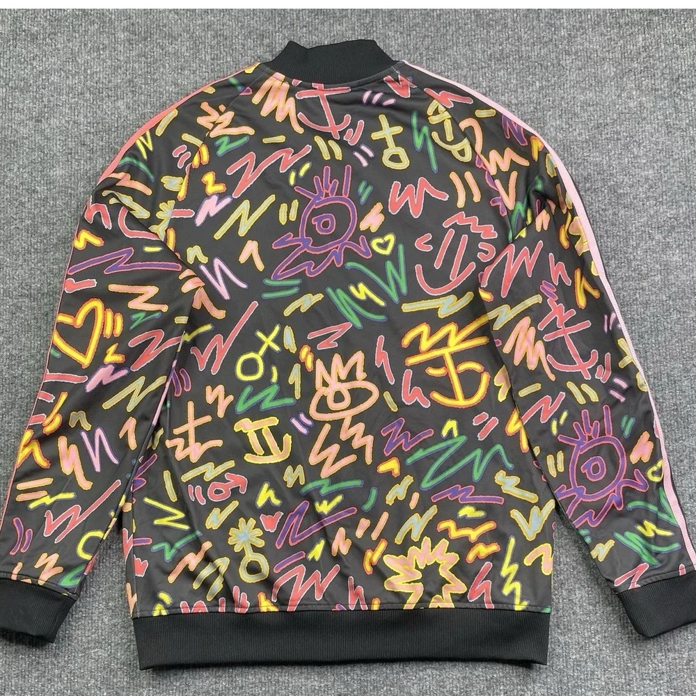 Adidas Track Jacket Youth Large Black Graffiti Print Neon‎ Full Zip